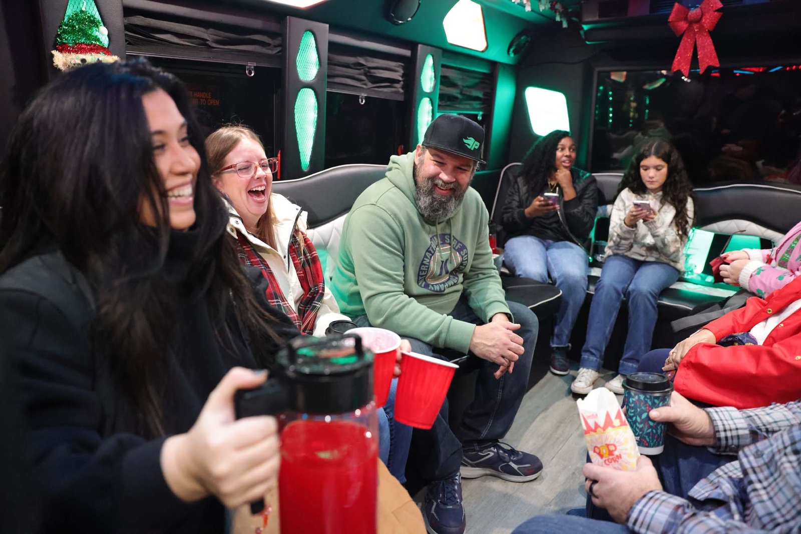 Party bus interior with LED lights and bar